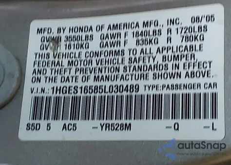 2005 Honda Civic Lx из США, поврежденный, VIN 1HGES16585L030489